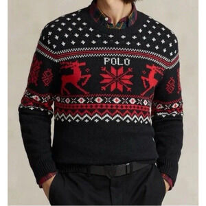 NWT Polo Ralph Lauren Black/Red COTTON/CASHMERE Fair Isle REINDEER Sweater XXL
